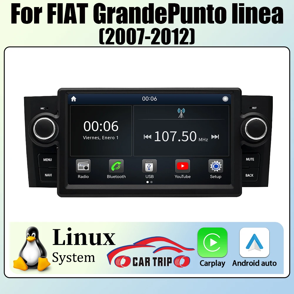 Radio de Coche con Sistema Linux de 7'', Reproductor Multimedia de Video Estéreo para Fiat Grande Punto Linea 2007-2012 con GPS NAV Android Auto CarPlay