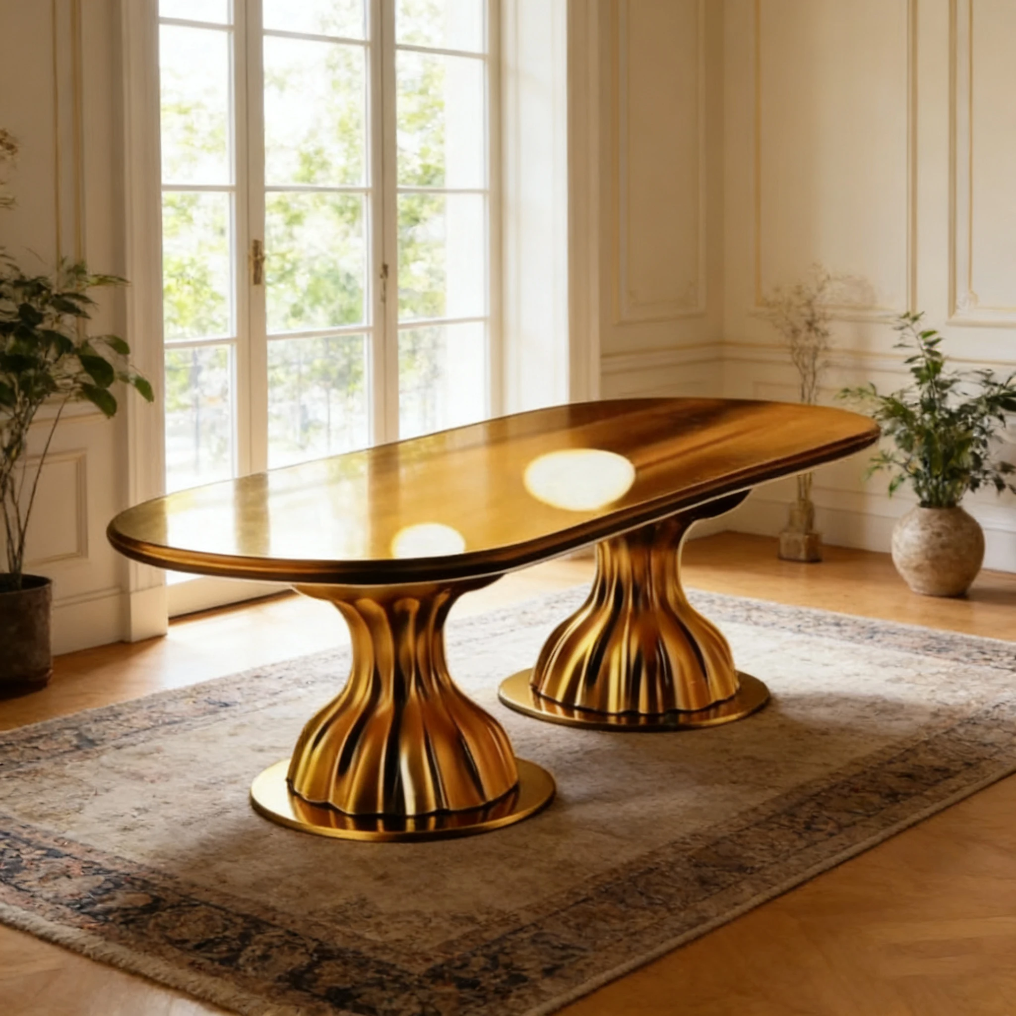 S*-Luxury Gold Plated Oval Dining Table with Sculptural Double Pedestal Base 8-10 Seater Dining Room Furniture