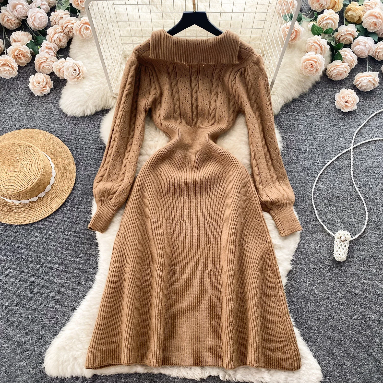 Winter Casual Fashion Vintage Long Sleeved Knitted Sweater Dress Women's Autumn New High Waist Slimming Long Dress