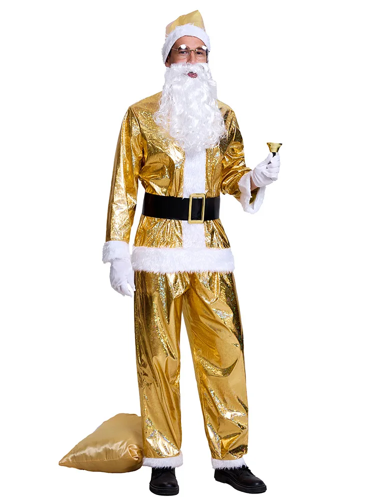 

Gold Santa Claus Costume Men's Gold Beard Top Cloth Pants Hat Belt Beard Halloween Costume Set Role Playing Holiday Costume 2025