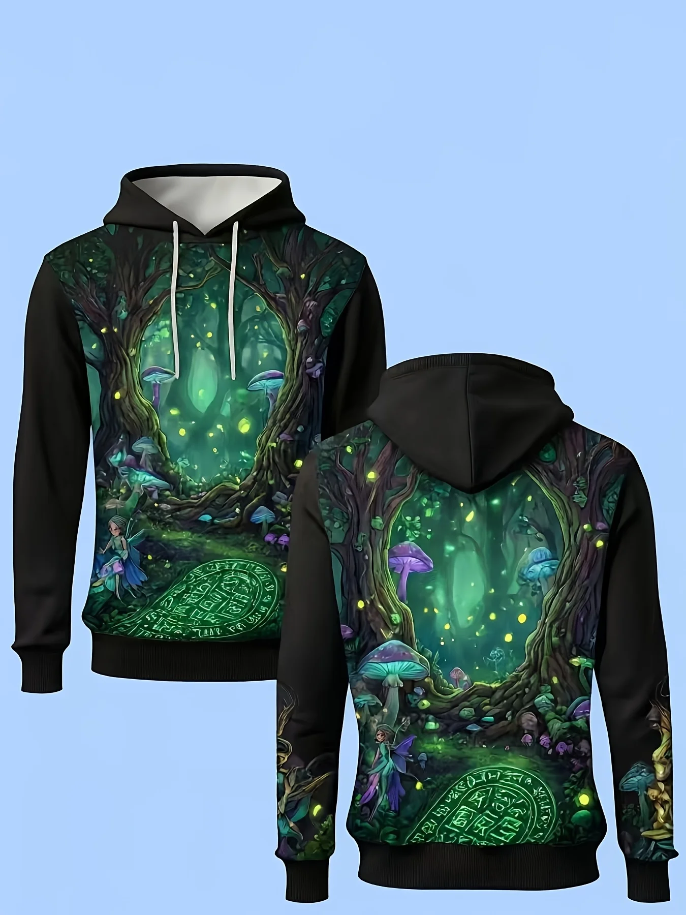 Men's Autumn/Winter 3D Printed Hoodie - Green Forest Fairy Tale Pattern, Regular Version, Suitable for Daily Outing Dressing