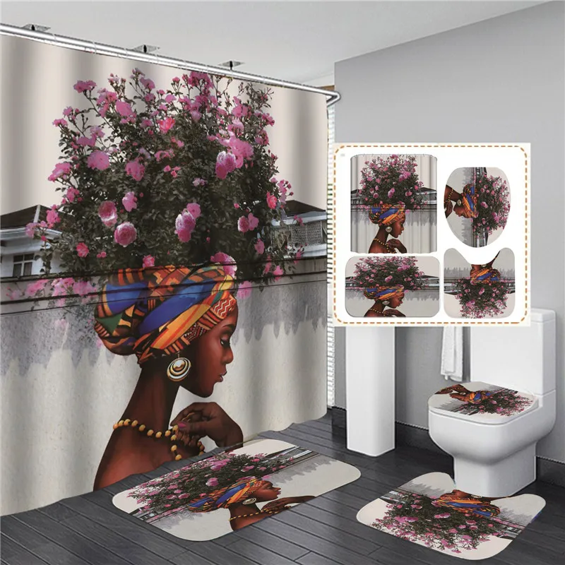 Black African American Women Print Shower Curtain Set Waterproof Bathroom Curtains Anti-slip Soft Bath Mat Toilet Rugs WC Carpet