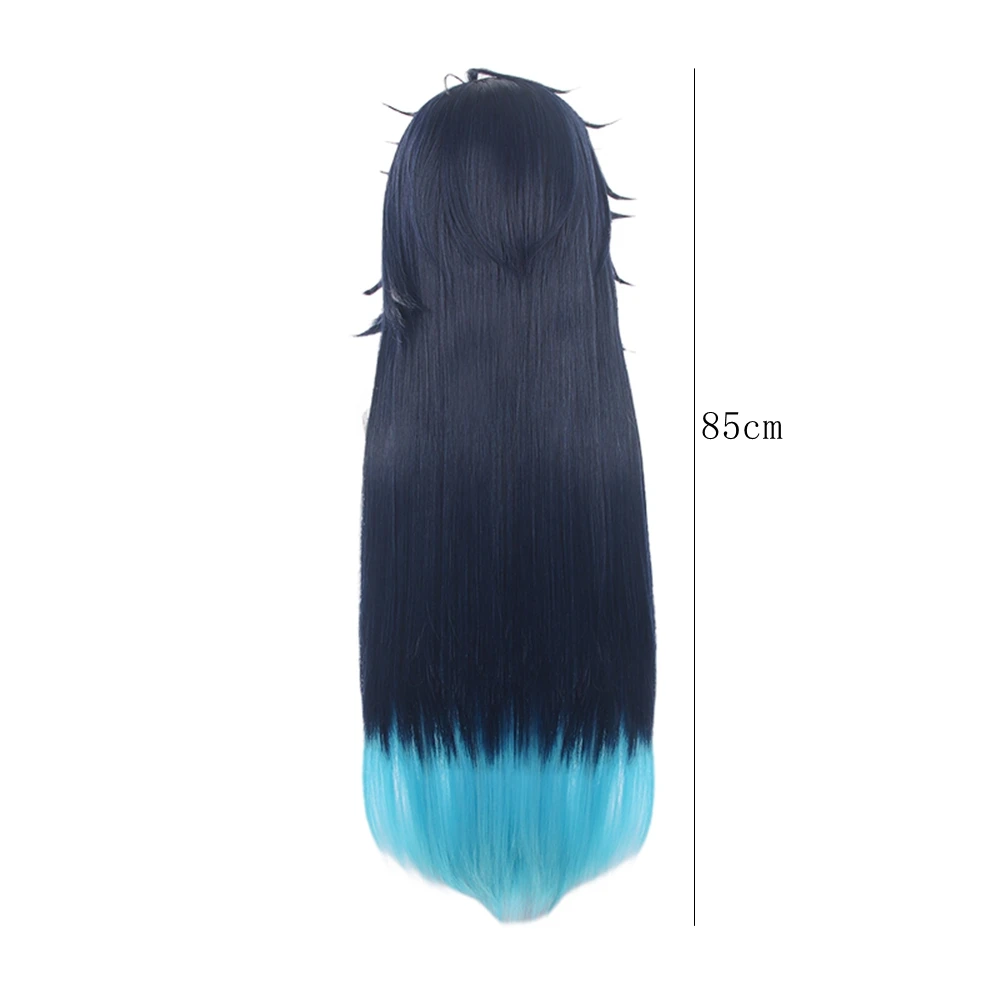 Dark Blue Gradient Cosplay Wig Long Messy Layered Hairpiece with Ahoge for Anime Game Party Halloween Costume
