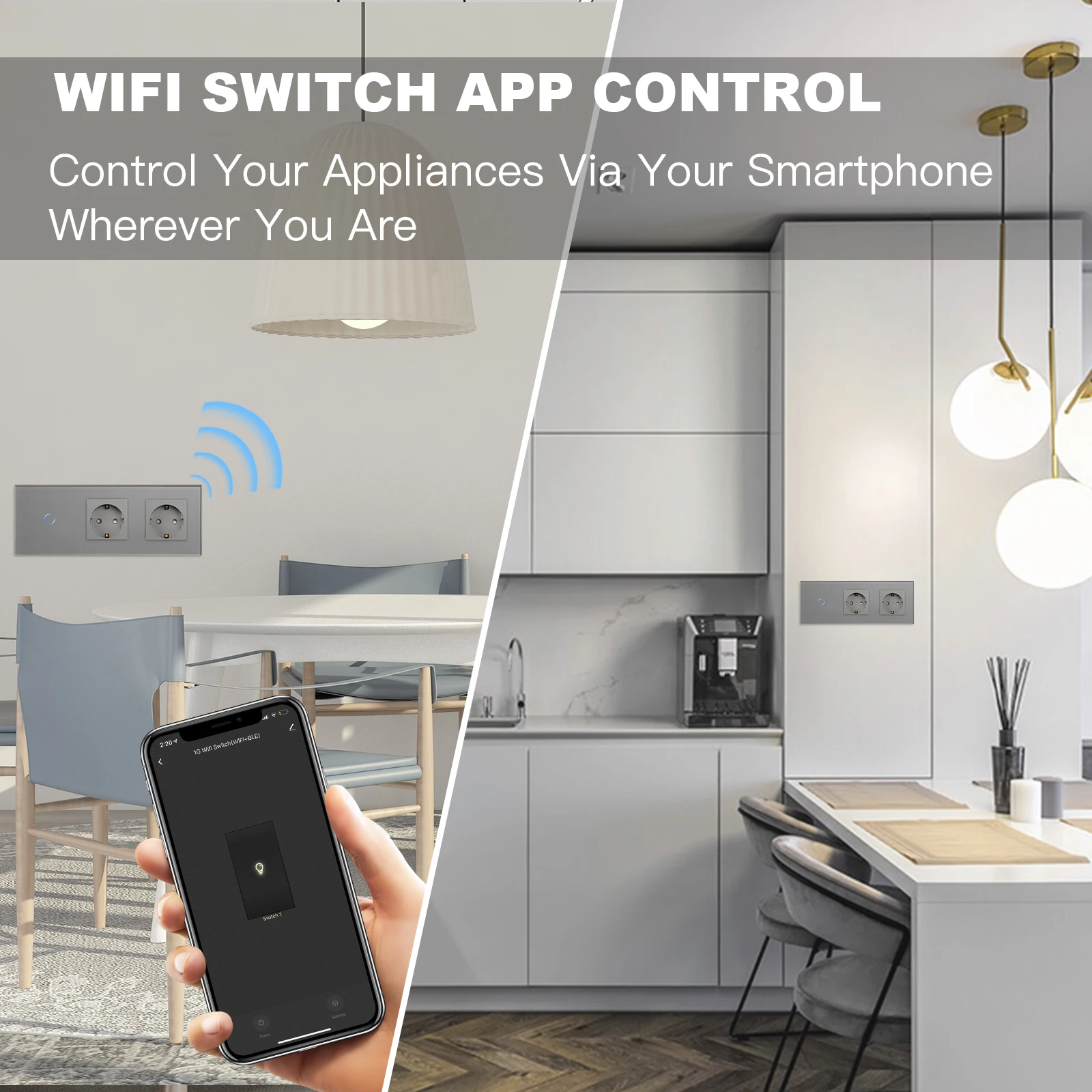 BSEED 1/2/3Gang 1/2/3 way Wifi Switch With Double EU Sockets Without Wifi Crystal Control Alexa Google Home Tuya App