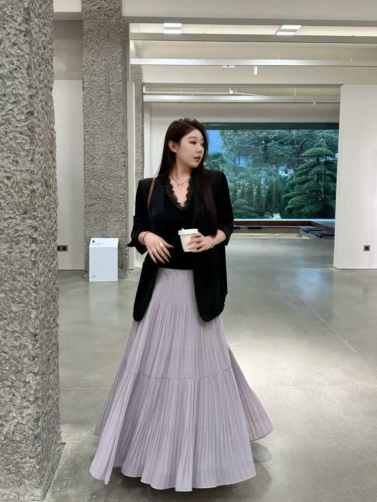 

Slimming Pleated Maxi Skirt High Waist A-Line Long Dr Polyester Fiber Creative Personali Design for Young Women