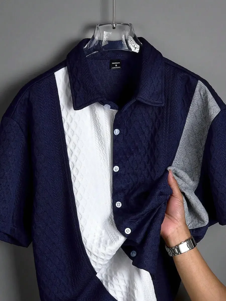 

Men's Colorblock Short Sleeve Casual Loose Shirt with Textured Knit Pattern