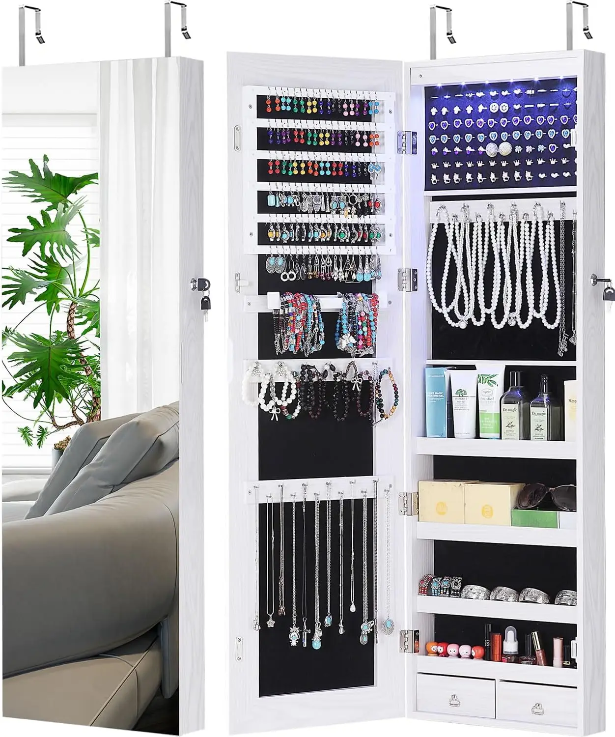 

Full Length Mirror Jewelry Cabinet with LED Lights, Wall Mounted Organizer Storage Lockable White