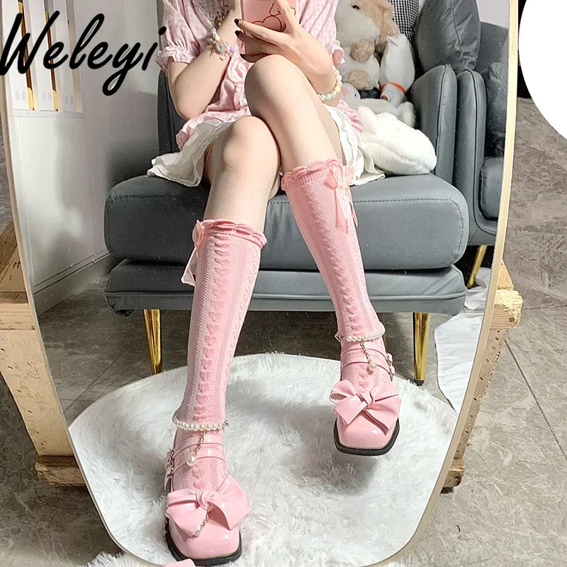 Japanese Lolita Bow Lace Pink Socks Jirai Kei Autumn and Winter New Jk Uniform Stockings Women Medium Tube Stacking Calf Sock