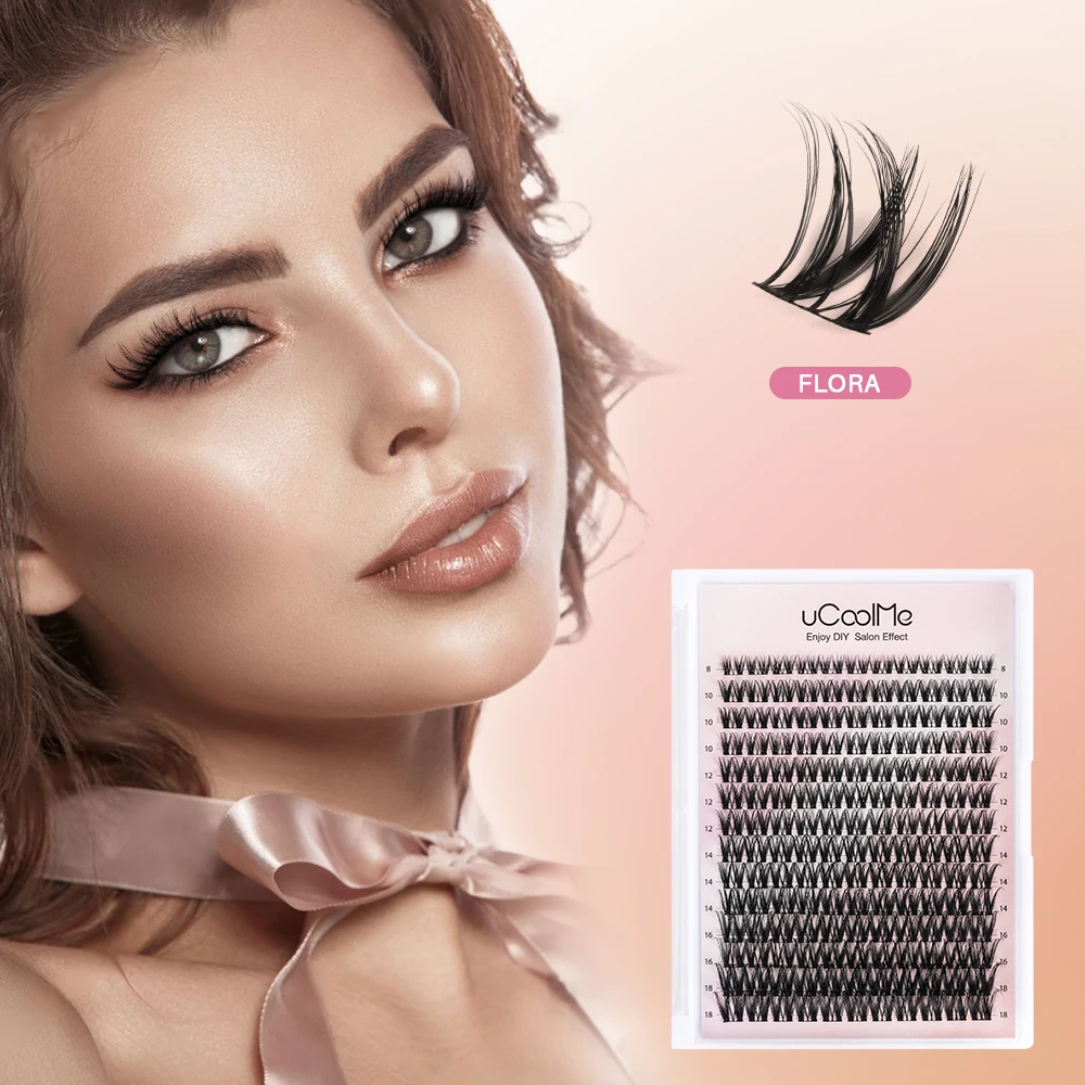 uCoolMe Flora Eyelashes Extension Ultra Thin Band D Curl Natural Wide Span Wispy Lash Clusters False Lashes Bundles Makeup Tools