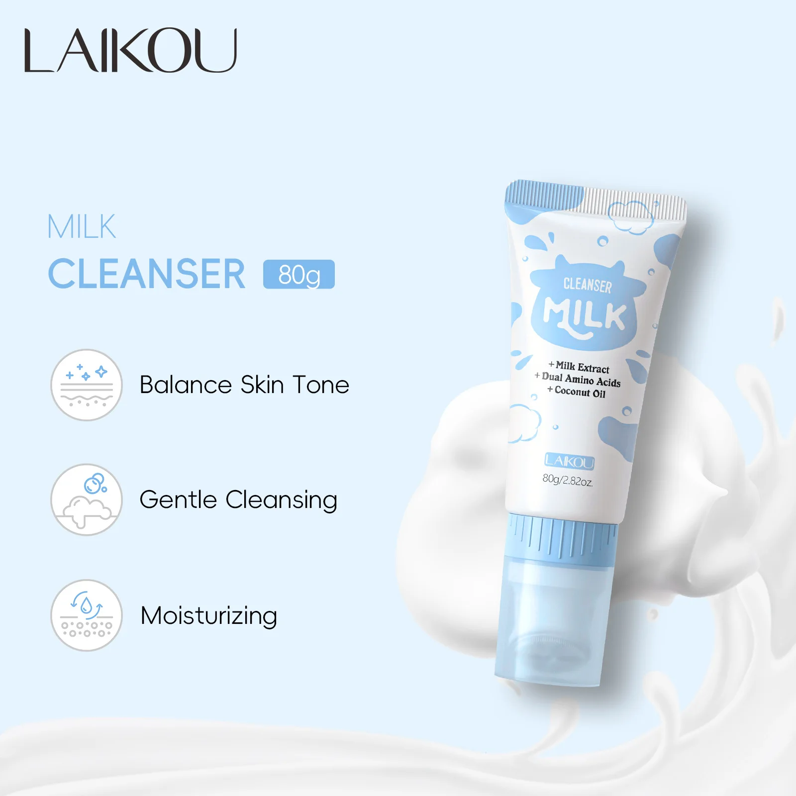 LAIKOU Milk Foaming Facial Cleanser Gentle Deep Cleansing Brightening Skin Care with Milk Extract & Amino Acids 80g