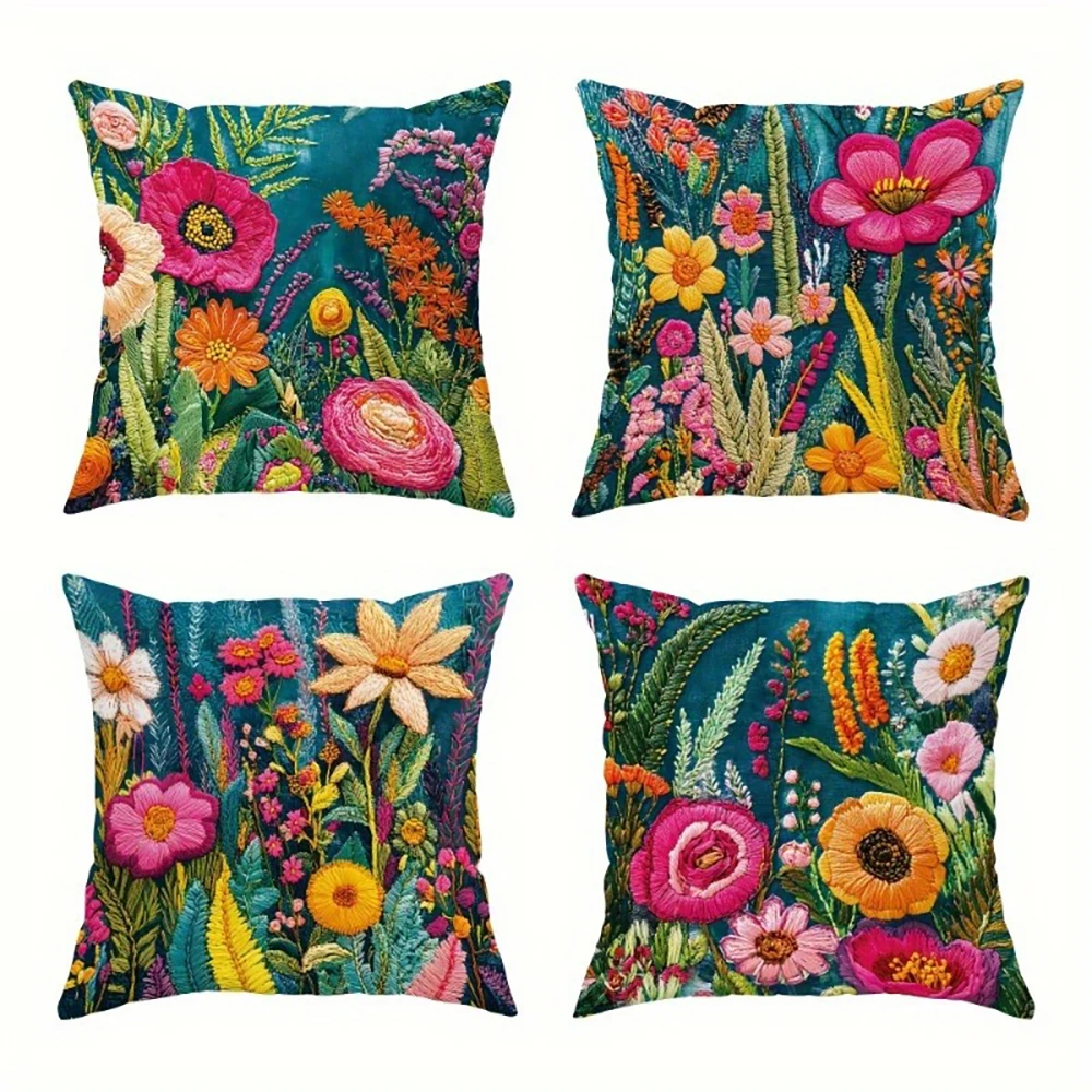 Colorful Embroidery Style Floral Garden Pillow Cover Short Plush Polyester Cushion Case Decor Throw Pillowcase Home Deco