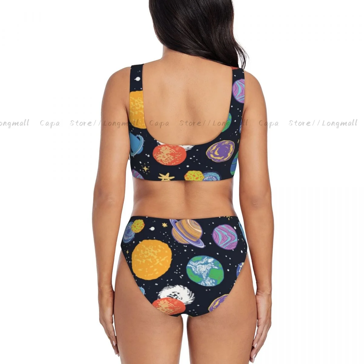 Letnie damskie bikini z dekoltem w kształcie litery V planety i gwiazdy ilustracja stroje kąpielowe damskie 2-częściowy strój kąpielowy na plaży