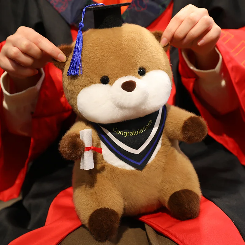 Poupée en peluche de loutre de diplômé de dessin animé mignon de 25cm, chapeau de docteur de haute qualité, jouet en peluche de loutre de mer, décoration de la maison, cadeau pour garçons et filles