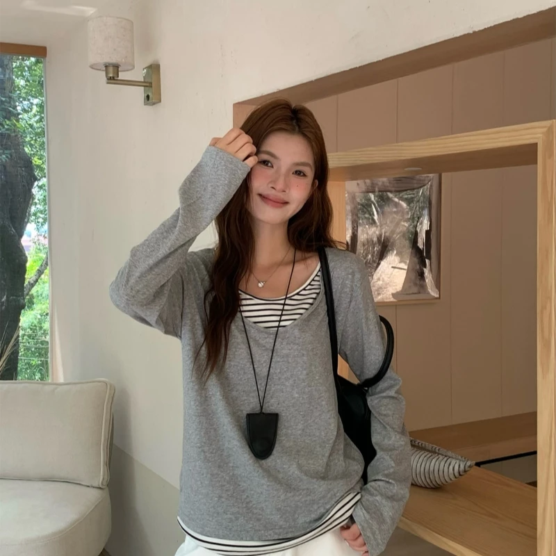 Women's Korean Striped Fake Two-Piece V Neck Long Sleeve T-shirt, Autumn Lazy Style Thin Cover Up Versatile Simple Casual Top