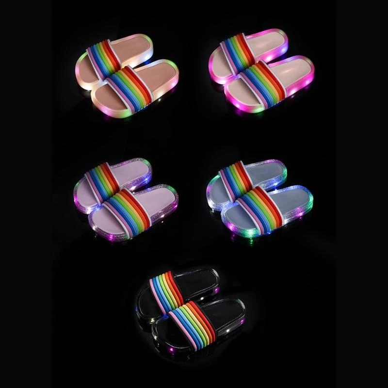 Children Kids LED Flashing Light Jelly Slide Slippers Shiny Glitter Powder Rainbow Stripes Indoor Sandals Summer Shoes 15UB