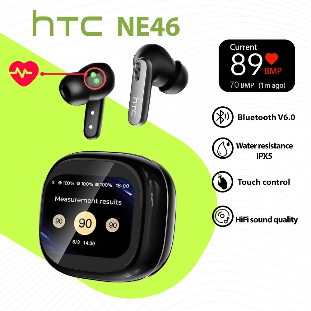 HTC NE46 رصد معدل ضربات القلب سماعات لاسلكية AI مترجم سماعات أذن بلوتوث 10 ساعات عمر البطارية الطويل سماعات بلوتوث