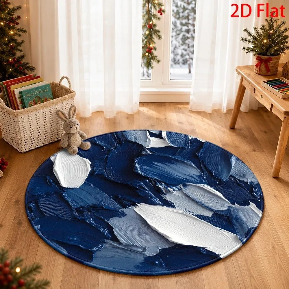 Contemporary Fluid Round Rug, Blue Gold Marbling Texture Pattern Circular Floor Mat, Rug for Living Room Bedroom Home Decor