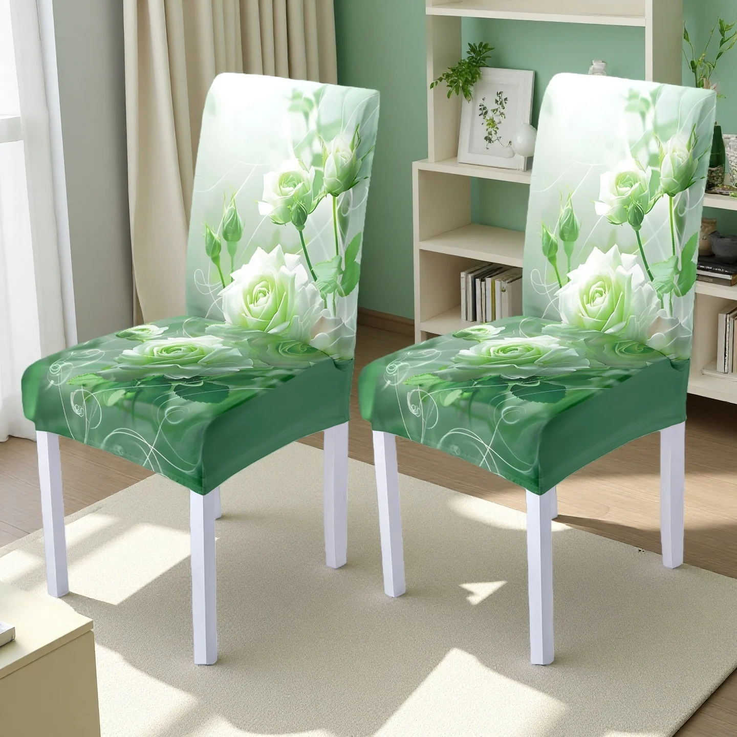 2/4/6pcs Green White Rose Print Stretch Dining Chair Cover – Removable Washable Fresh Floral Slipcover