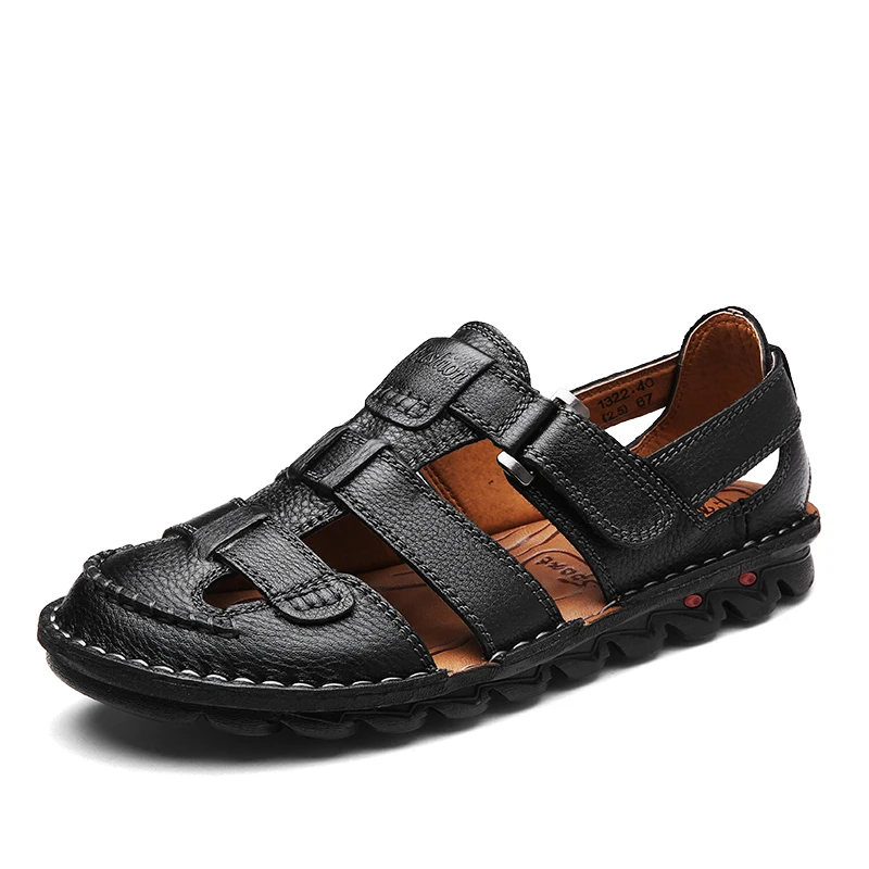 Summer Thick Sole Sandals Men Leather Toe Covered Sandals Black Brown Size 38-46 47 48 Dropshipping