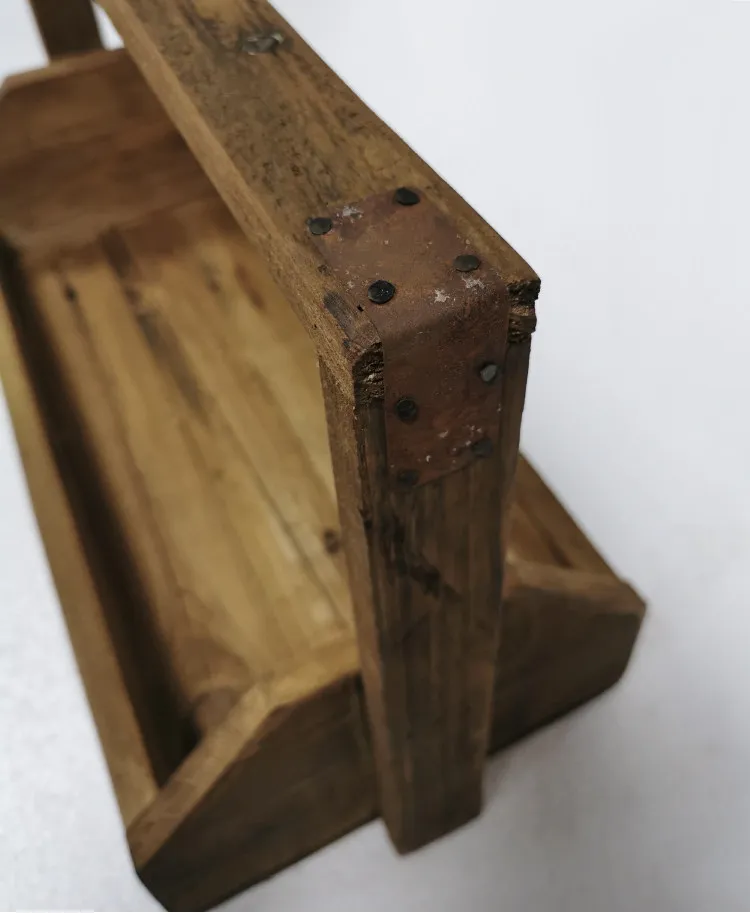 Vintage Wooden Tool Caddy with Metal-Reinforced Handle, Rustic Storage Tray, Farmhouse Decor Organizer Box