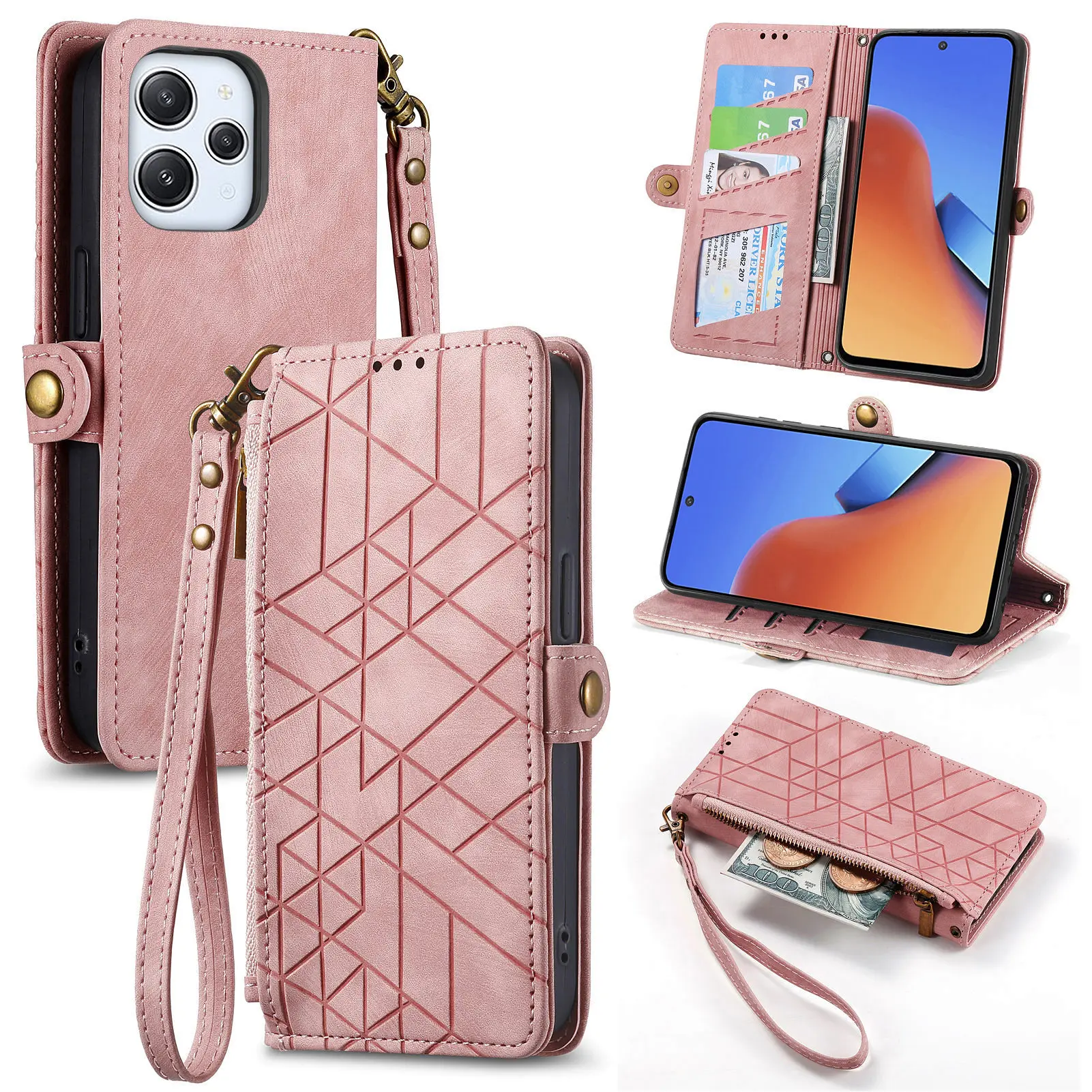 حافظة هاتف بجيب بسحاب لهاتف OPPO Realme 14X 14 13 12 Pro Plus 9i 7i حزام معصم جلدي فاخر محفظة بحبل غطاء قلاب Funda