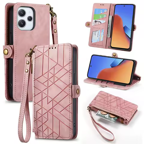 Zipper Pocket Flip Case for OPPO FIind X9 PRO Reno 15 14 Pro 13F 12F 11A Realme GT8 C75 Multi 3 Cards Leather Wrist Strap Cover