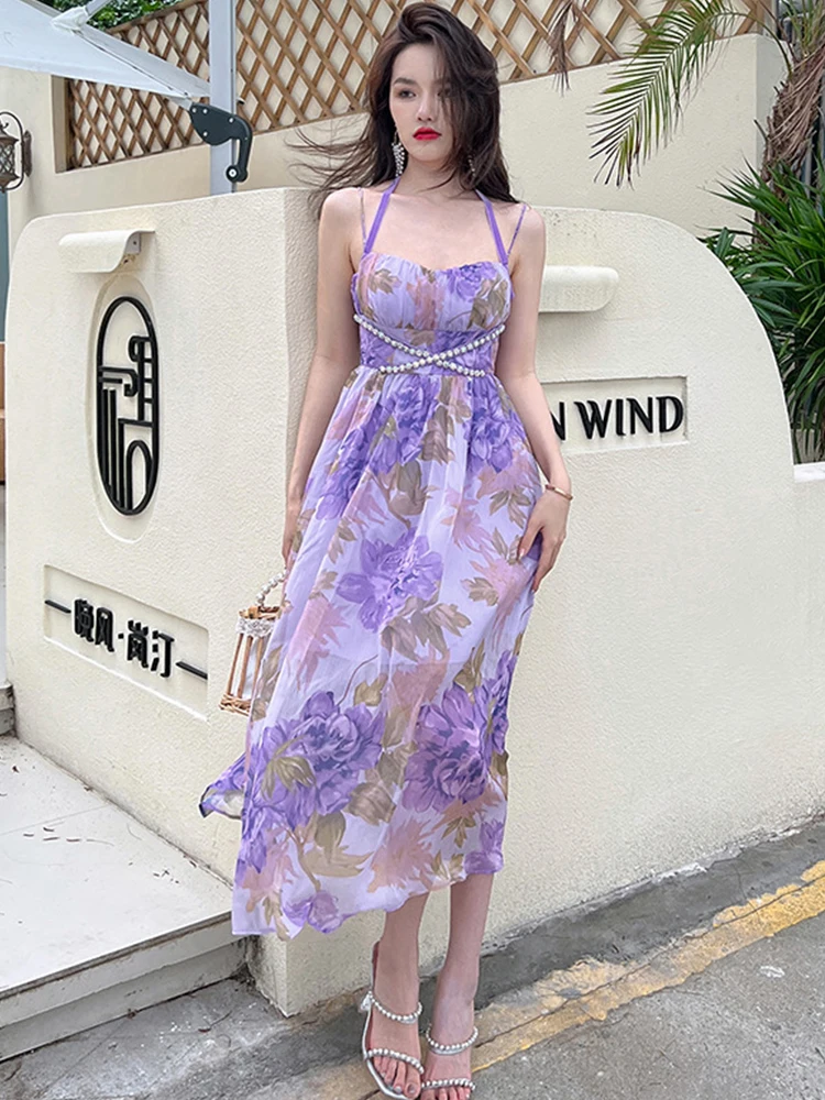 Summer Women Maxi Dress Sweet Sexy Quality Purple Chiffon Floral Diamond Strap Halter Back Open Swing Robe Party Beach Vestido