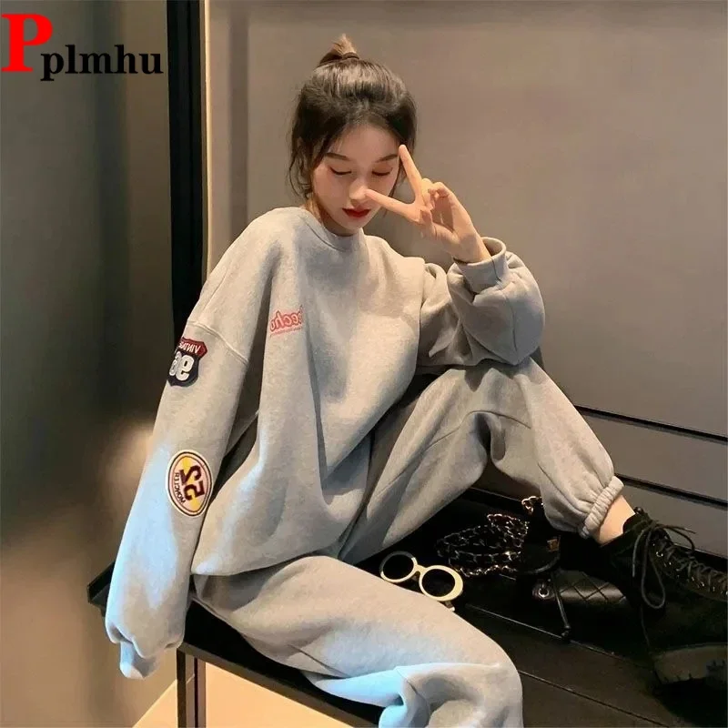 

Womens Streetwear Sweatshirt Joggers Outfit Casual Loost Two Piece Sets Fall Winter Loungewear Warm Thicken Top+sweatpants Suit