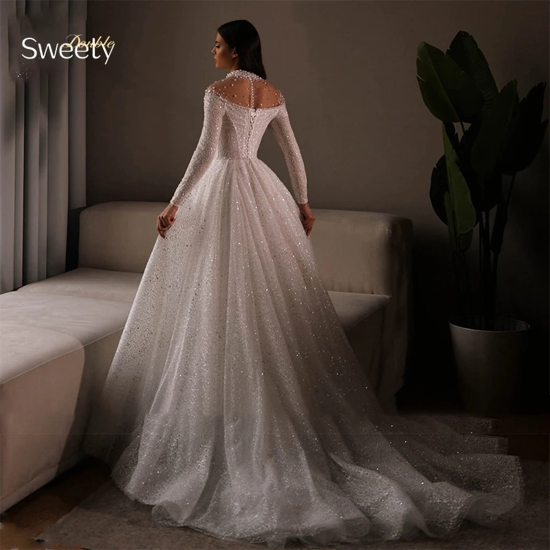 

Luxurious Shining Brautkleid Pearls With Beading Ball Gown A-Line Full Sleeve High-Neck Bride Dress Back Lace Up Robe De Mariee