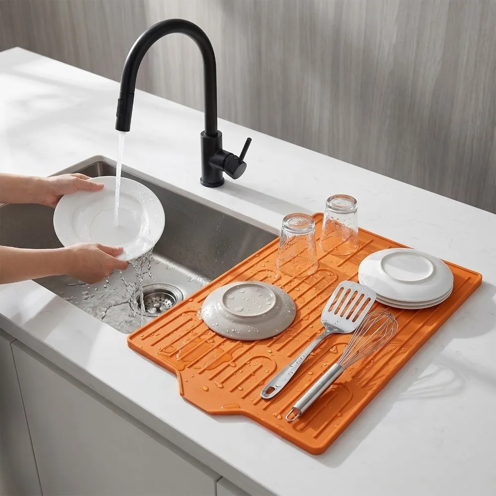Heat Resistant Silicone Drain Mat Non-Slip Flexible Thick Kitchen Sink Mat Drainage Function Dish Drying Pad Home Kitchen