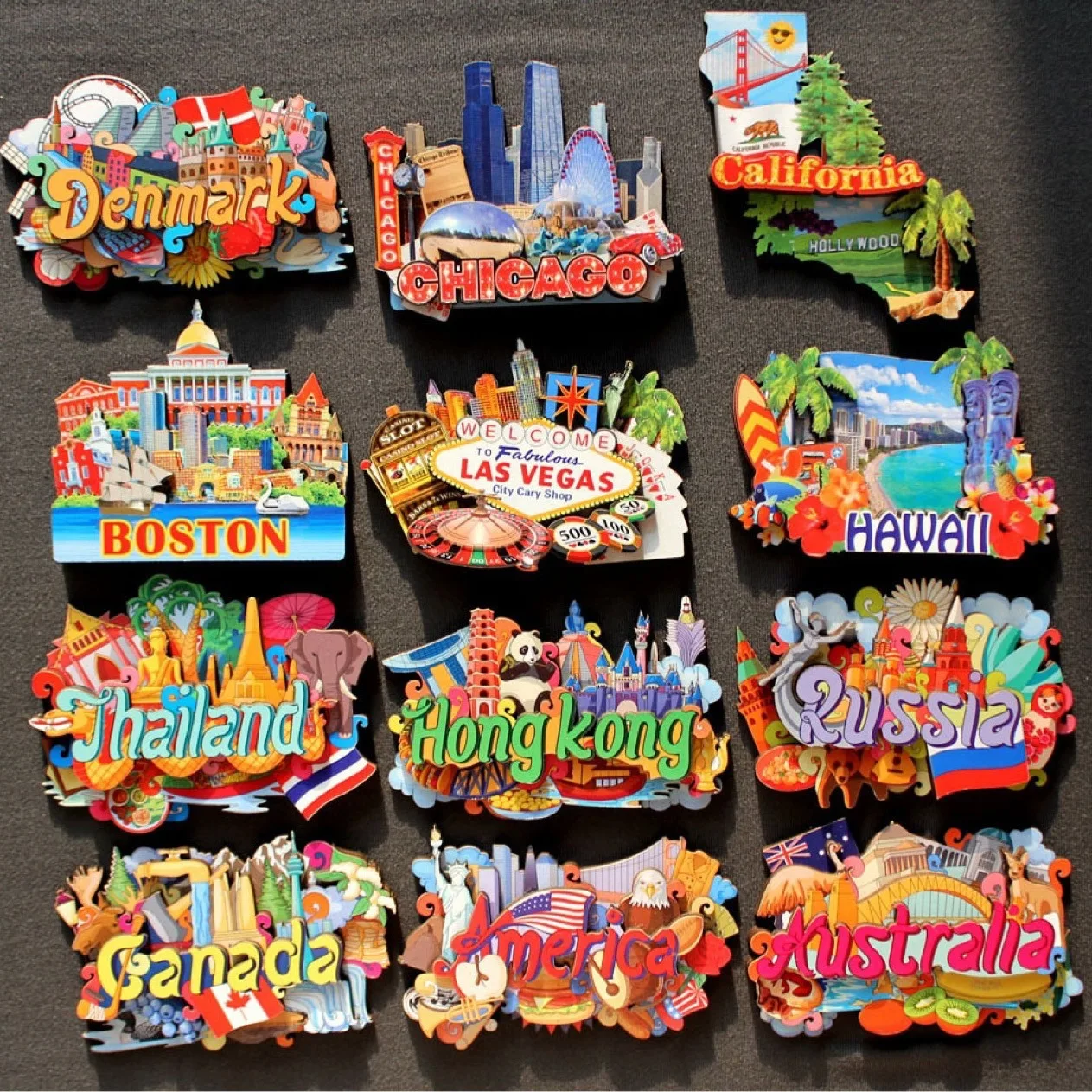 3D Wood Fridge Magnets Hong Kong Chicago America Hawaii Las Vegas California Thailand Canada Russia Denmark Refrigerator Sticker