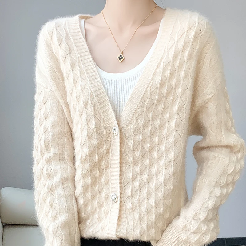 

Pure Wool Cardigan Women's V-neck Sweater Cardigan Mujer Long Sleeve Top Knitwear Korean Fashion Style New Coat Crochet