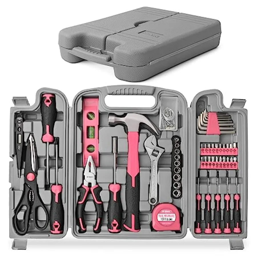 

54pc Home DIY Repair Tool Kit Set. Women Ladies Beginner Complete Hand Tools in a Portable Toolbox Case for the Household and O