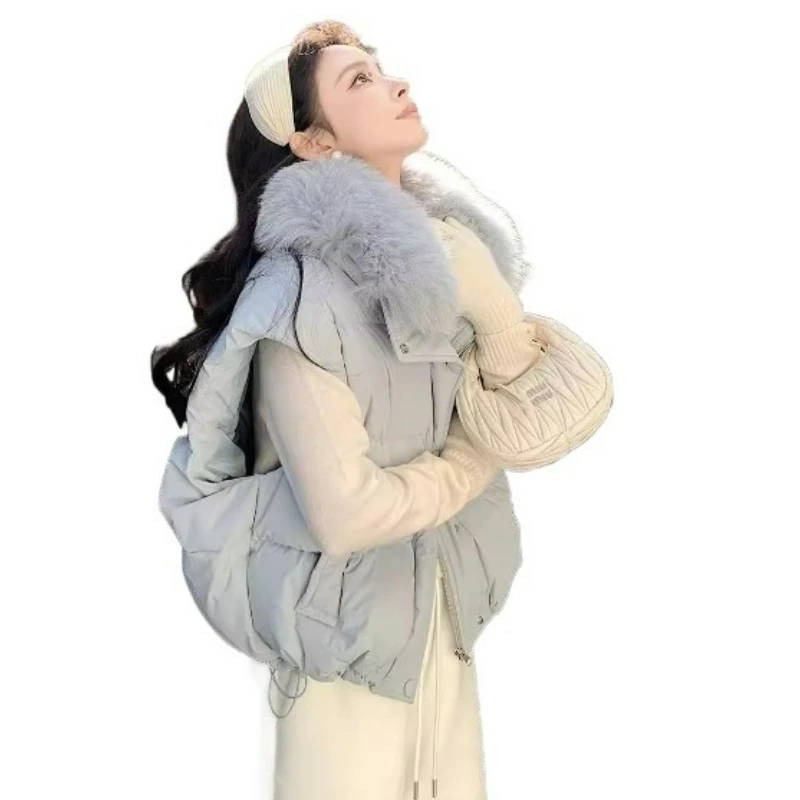 

Light Blue Ins Super Good-looking Splicing Hooded Fur Collar Autumn and Winter Vest Sleeveless Thickened Thermal Cotton Vest New