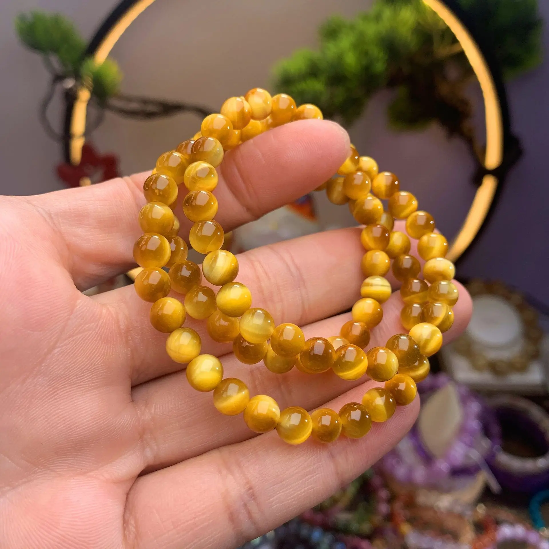 Natural Gold Tiger's Eye 3 Laps Bracelet Round Beads Jewelry Stretch 6mm Cat Eye Fashion Stone AAAAA