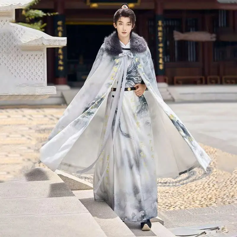 

Classic Dragon Printing Hanfu Cloak Men's Traditional Chinese Water Ink Paintings Long Robe Festive Event Cosplay Outer Cape