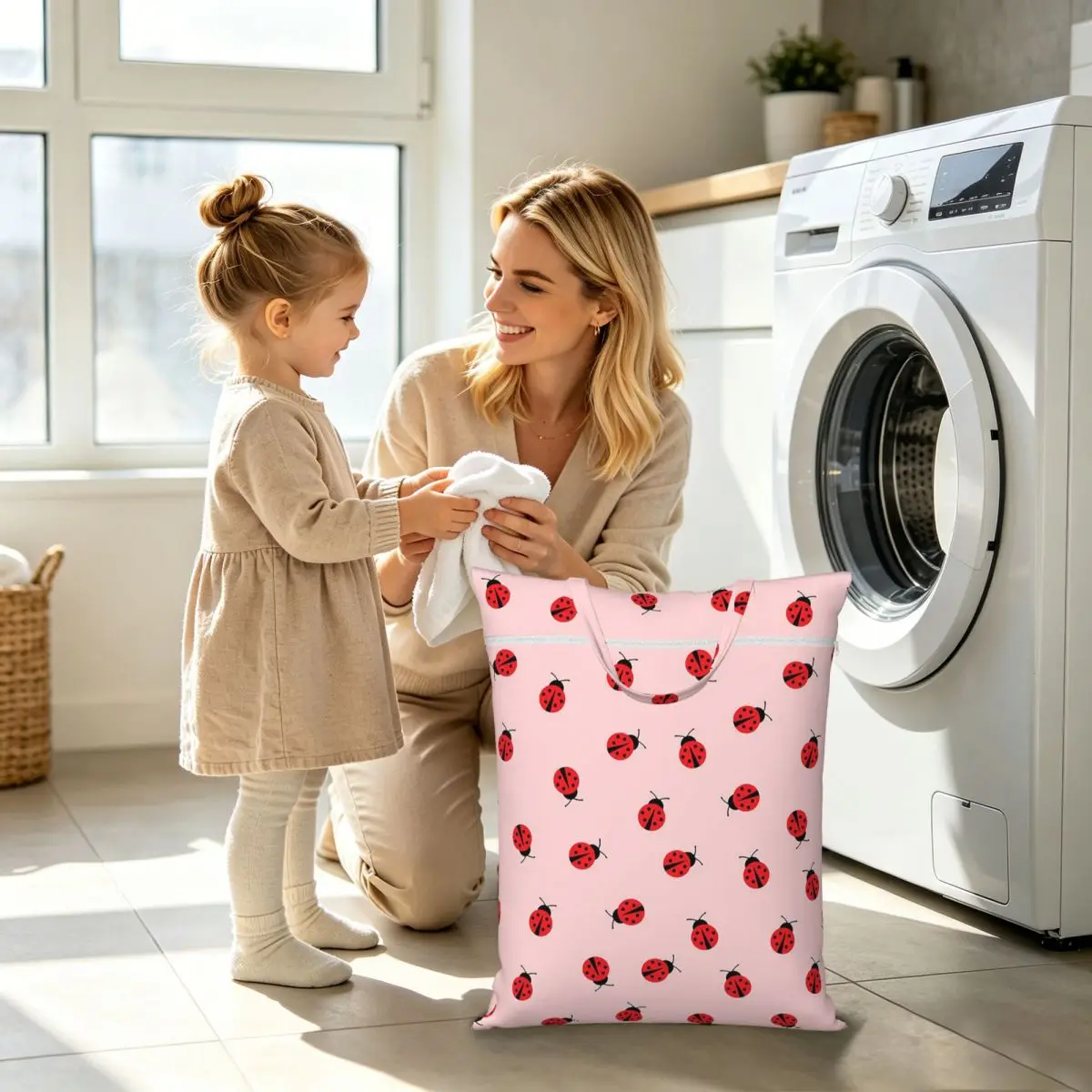 Cute Ladybug Pattern On Pink Background Laundry Collector Foldable Laundry Basket Large Storage Washing Basket Home Organizer - view 5