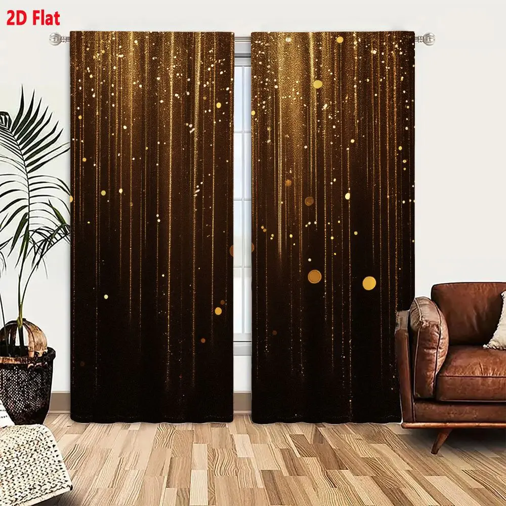 2Pcs Curtains 2D Flat Abstract Digital Background Luxurious Elegant Dark Brown Black Gradient Shimmering Golden Streaks Glowing
