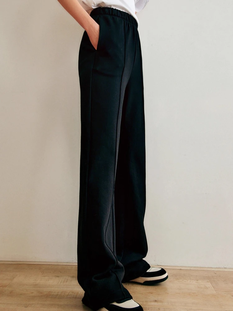 OLrain Dames Zwarte Rechte Broek 2025, Herfst Nieuwe Hoge Taille Wijde Pijpen Broek Draperie Afslanken Casual Joggingbroek O21DK60048