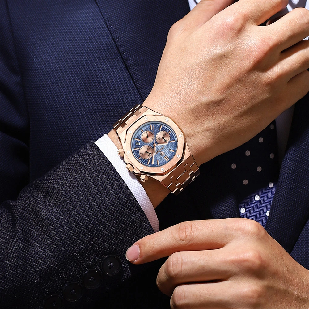 POEDAGAR, relojes originales de lujo para hombre, cronógrafo con fecha, reloj de cuarzo de acero inoxidable, reloj de pulsera luminoso resistente al agua a la moda para hombre