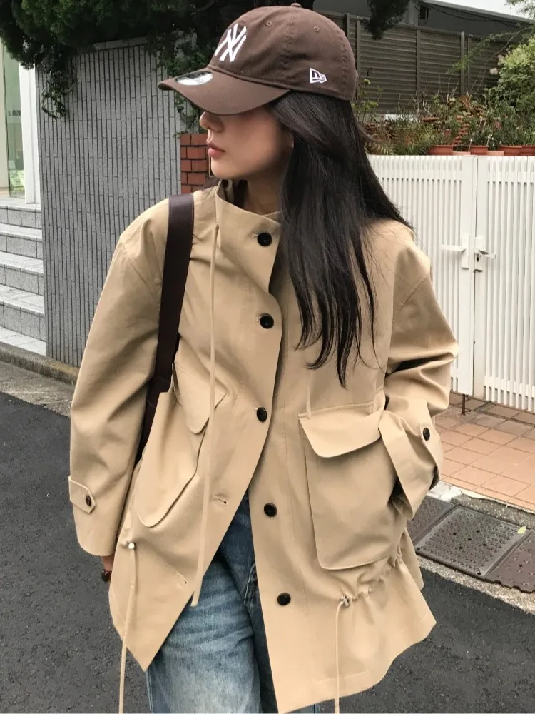 

Slimming Windbreaker Jaet Women's Chic Dstring Waist Coat with Large kets Autumn Faion Outerwear Premium Feel Top