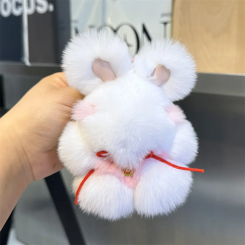 2024 Multicolor Rabbit Keychain Ring Fluffy Real Fur Pompom Bunny Trinket Key Chain Charm Cute Ring On Bag Car Key Pendnat image 5