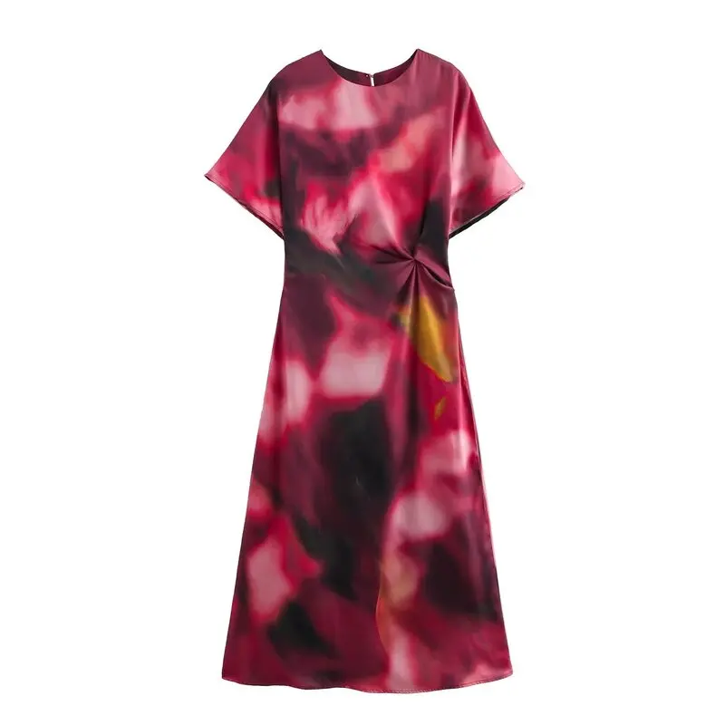 Ele Silk Satin Print Midi Dr Autumn New Arrival Women's Faion Dr ort Sve Single Piece Fine Sle 2024