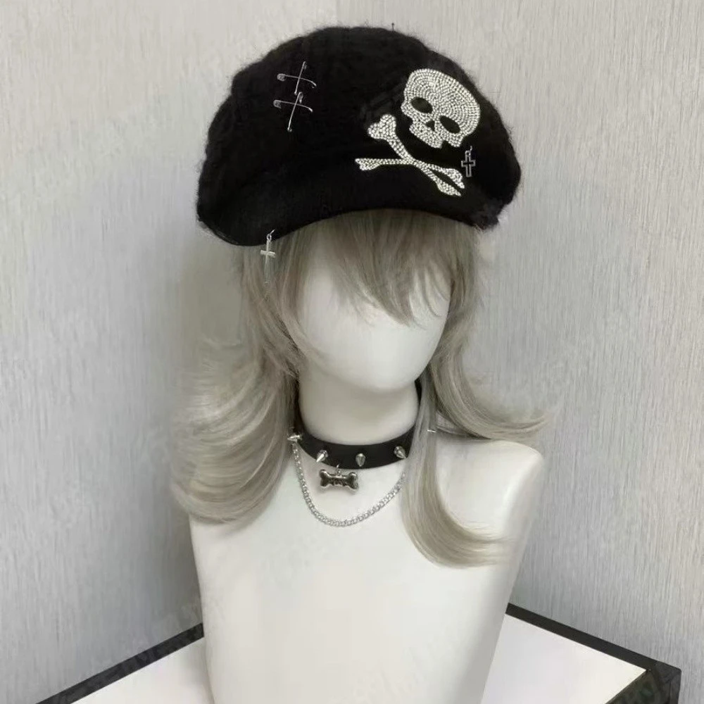 Original Subculture Punk Skeleton Cross Knitted Hat for Women Winter Vintage Warm Hottie Y2K Trendy Peaked Cap Casquette Femme