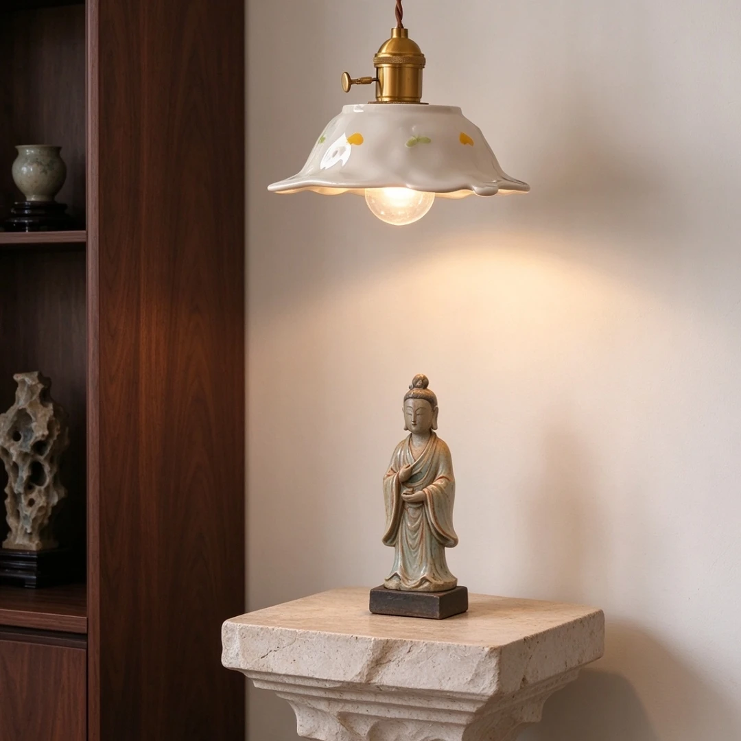 Vintage Ceramic Pendant Light Hand Painted Dot Pattern Wavy Lotus Leaf Shade Brass Socket Hanging Lamp For Kitchen Island Decor