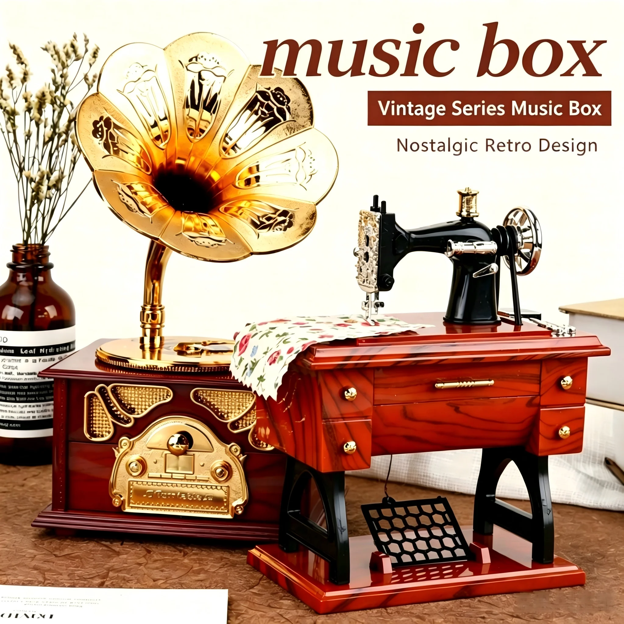 Retro Music Box Vintage Gramophone Sewing Machine Typewriter Wind Up Mini Home Decor Ornament Creative Gift Home Office Decor