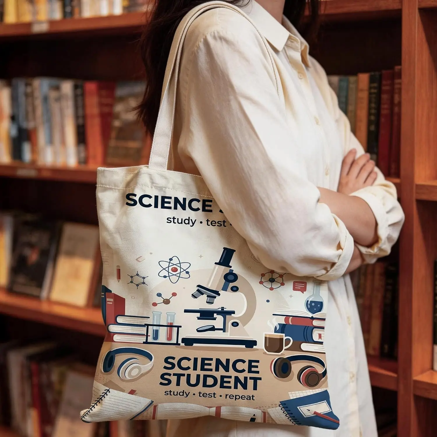 Science Student Print Canvas Tote Bag Microscope Lab Equipment Study Test Repeat Reusable Shoulder School Handbag