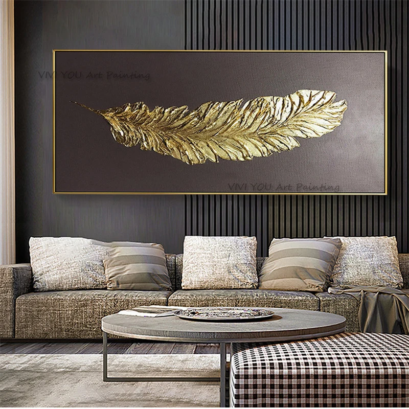 Original Handmade Gold Leaf Feather Oil Painting, Minimalist Dark Tone Impasto Wide Canvas Contemporary Home Wall Decor