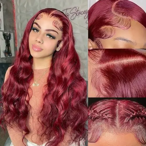 99j Burgundy Lace Frontal Human Hair Wig 200 Density Pre Plucked Red Hair Wig 13X4 13X5 Body Wave Lace Front Wig Human
