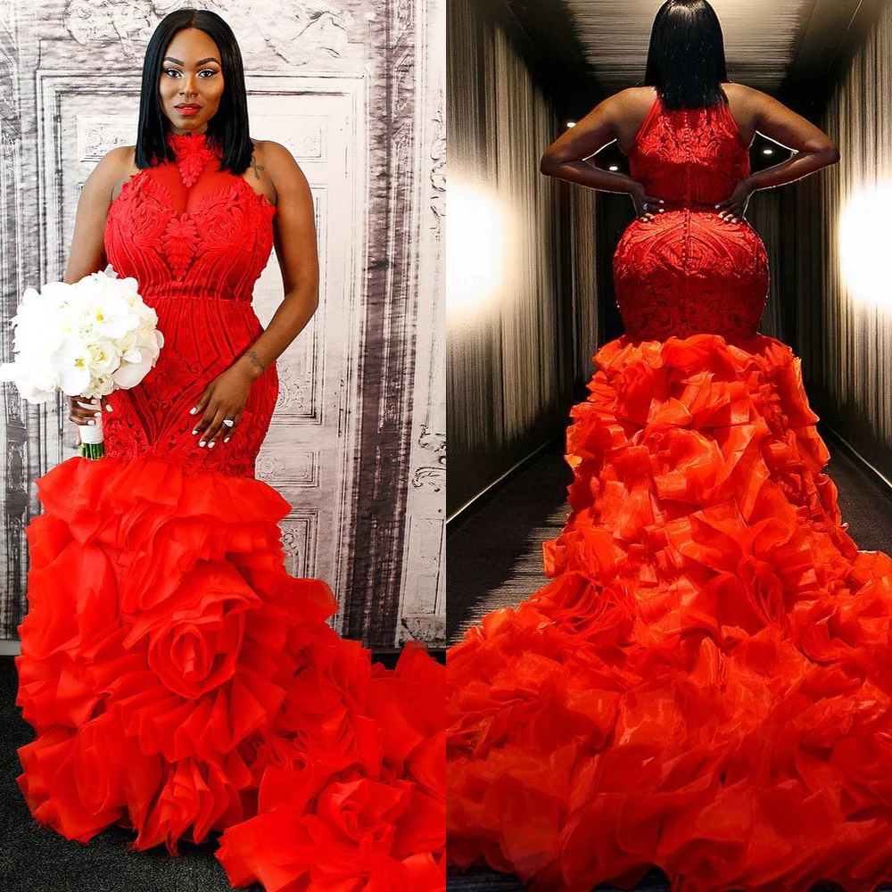 Gorgeous Red Mermaid Evening Dresses Plus Size Halter Prom Gowns Custom Made Lace Appliques Tiered Ruffles Party Dresses